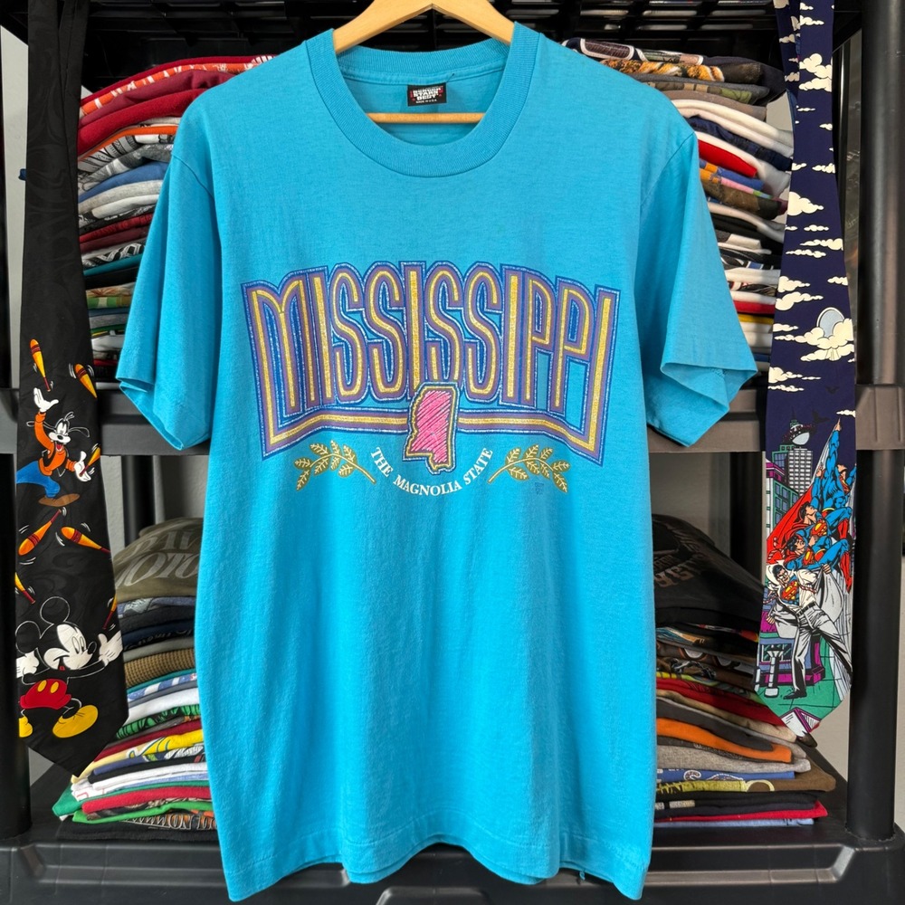 Vintage Blue Mississippi The Magnolia State Graphic T-Shirt Large Light Marks